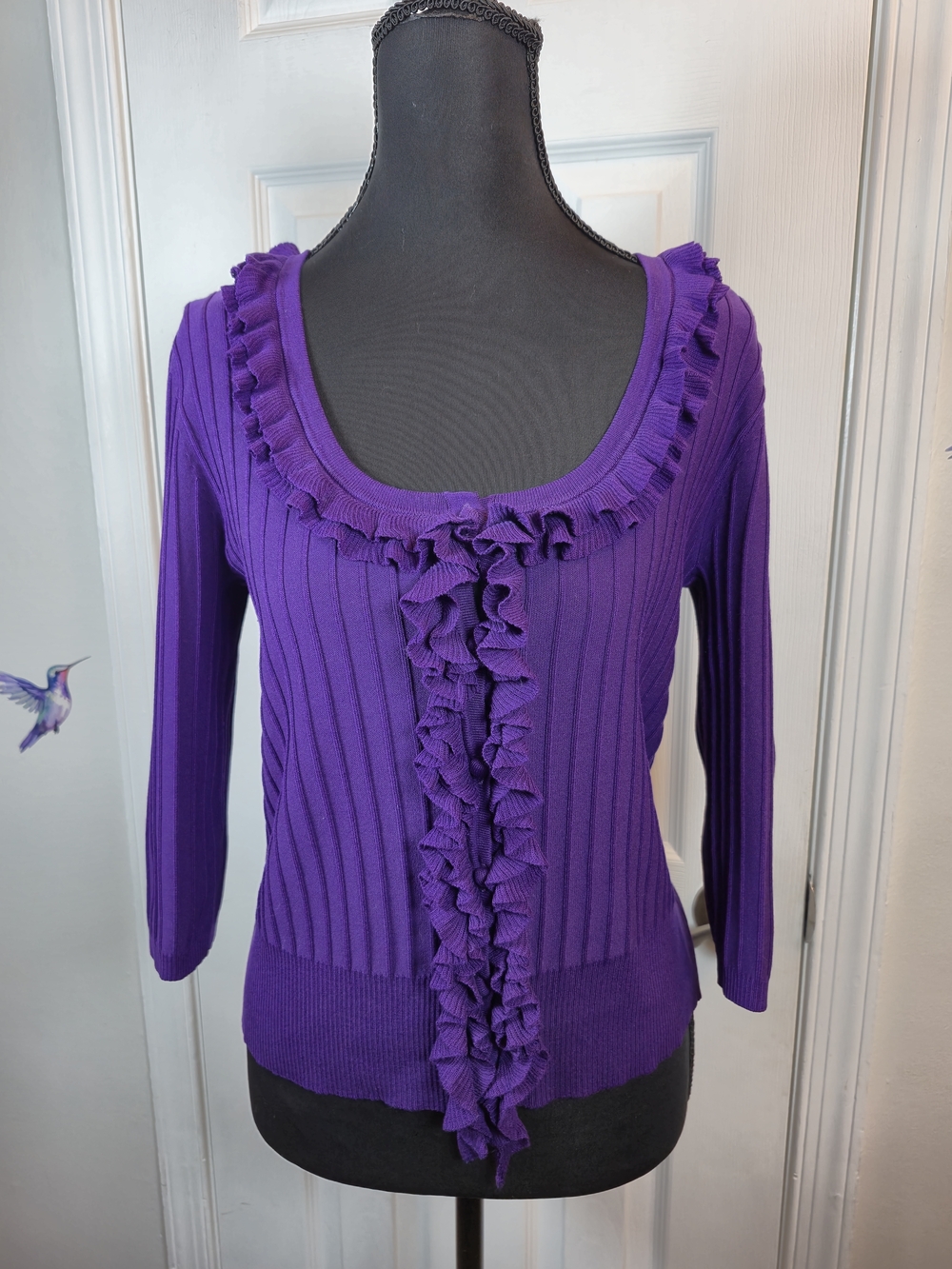 Cable & Gauge Purple Silk Blend Ruffle Ribbed Knit Y2K Cardigan Size M - Picture 4 of 5